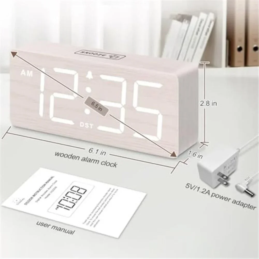 Wooden digital alarm clock large numbers loud alarm dimmer bedside plug in desk